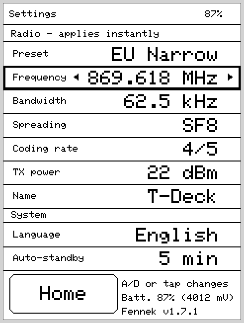 Settings screen