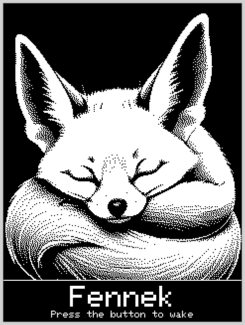 A sleeping fennec fox rendered on the T-Deck Pro E-Ink standby screen